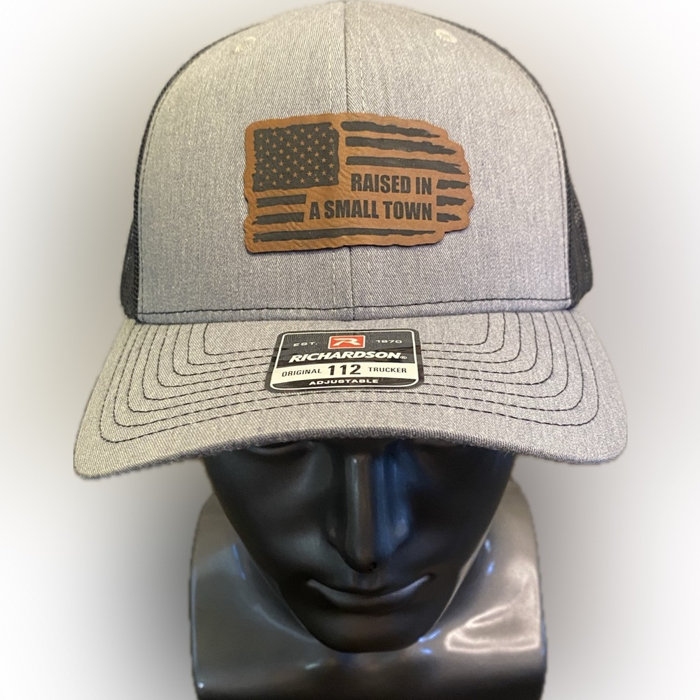 Raised In A Small Town Richardson 112 Hat - Snap Back American Flag Black Grey